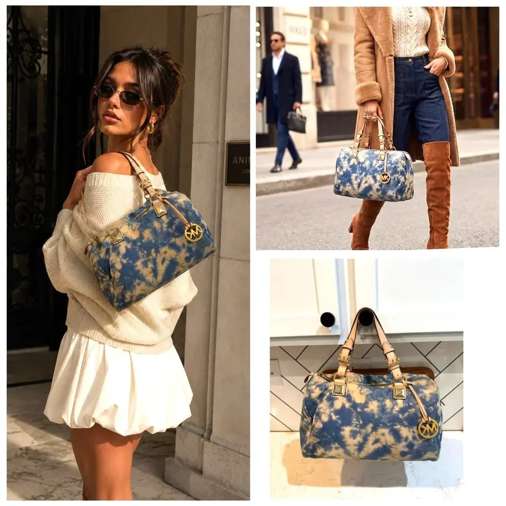 Michael Kors blue beige tie-dye Grayson satchel tan leather trim gold hardware